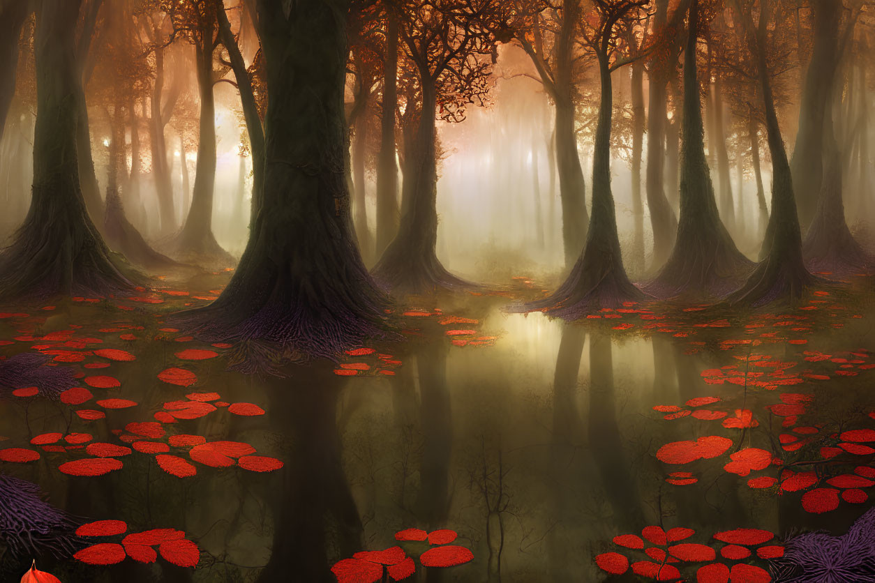 Mystical forest with towering trees and red lily pond in golden fog