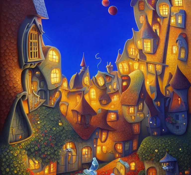Curved buildings with warm lights and red balloons under twilight sky