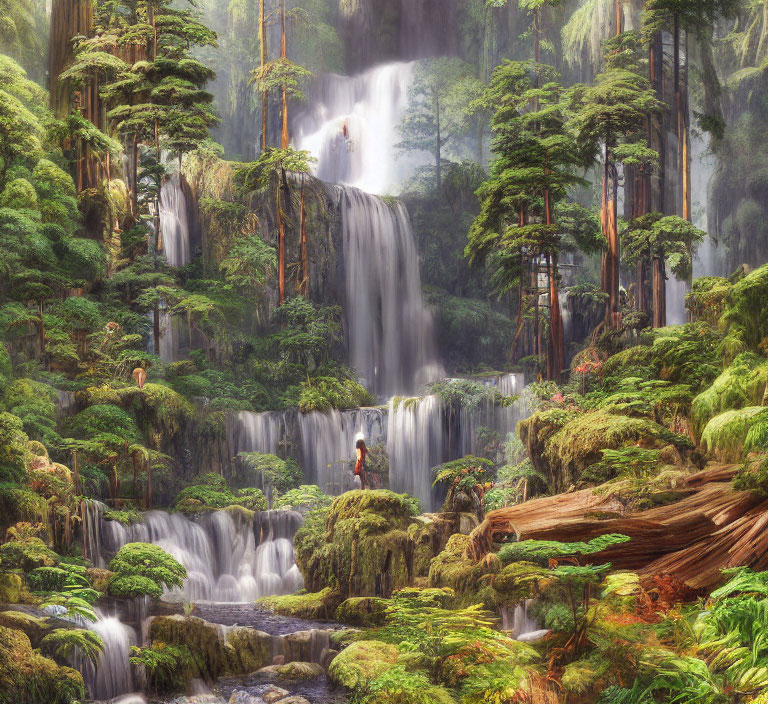 Tranquil waterfall in lush forest with greenery and mist