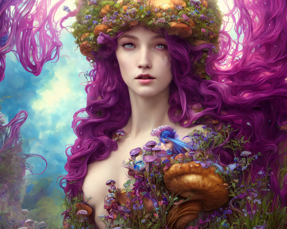 Fantasy portrait of woman with purple hair, floral wreath, mushrooms, and peacock in lush