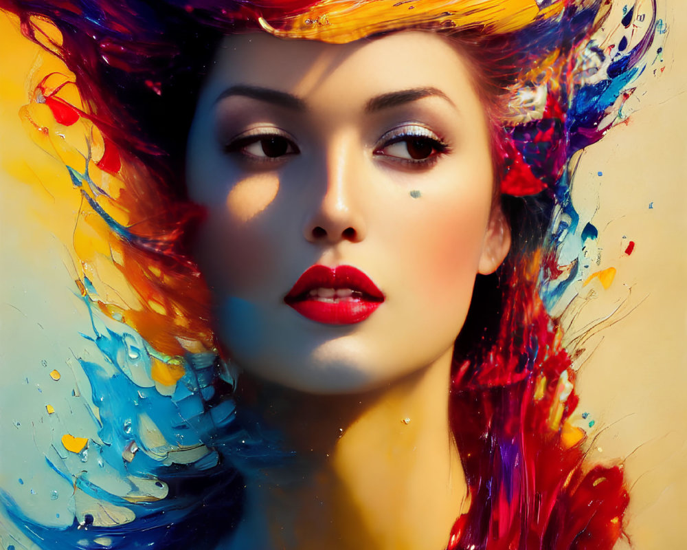 Colorful digital artwork: Woman with vibrant paint-like hair