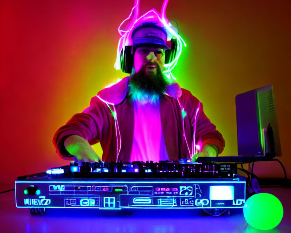 Neon DJ with headphones and glasses mixing under colorful lights