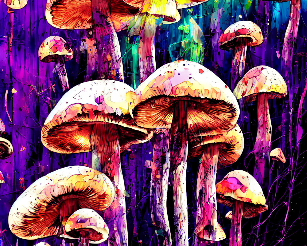 Colorful Mushroom Illustration in Psychedelic Forest Setting