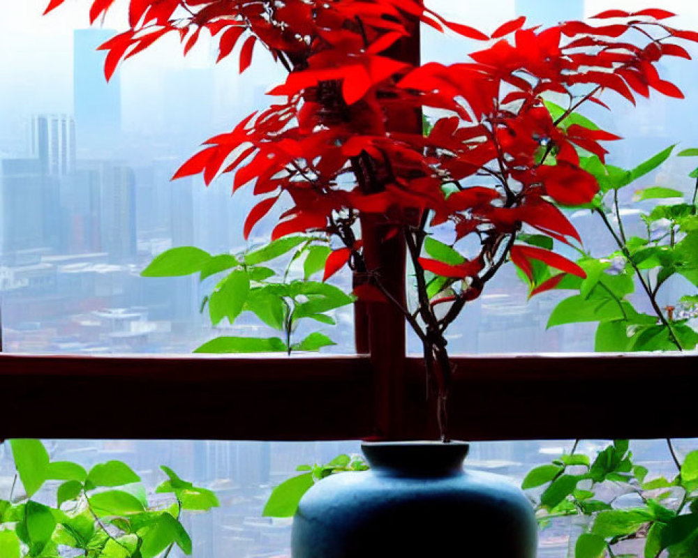 Colorful plant in blue vase by window with city skyline.