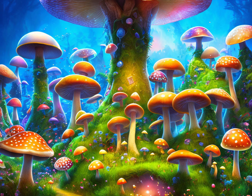 Colorful oversized mushrooms in mythical forest under blue luminescent light