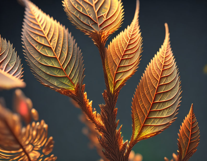 Detailed Close-Up of Vibrant Copper-Colored Leaves with Intricate Vein Patterns