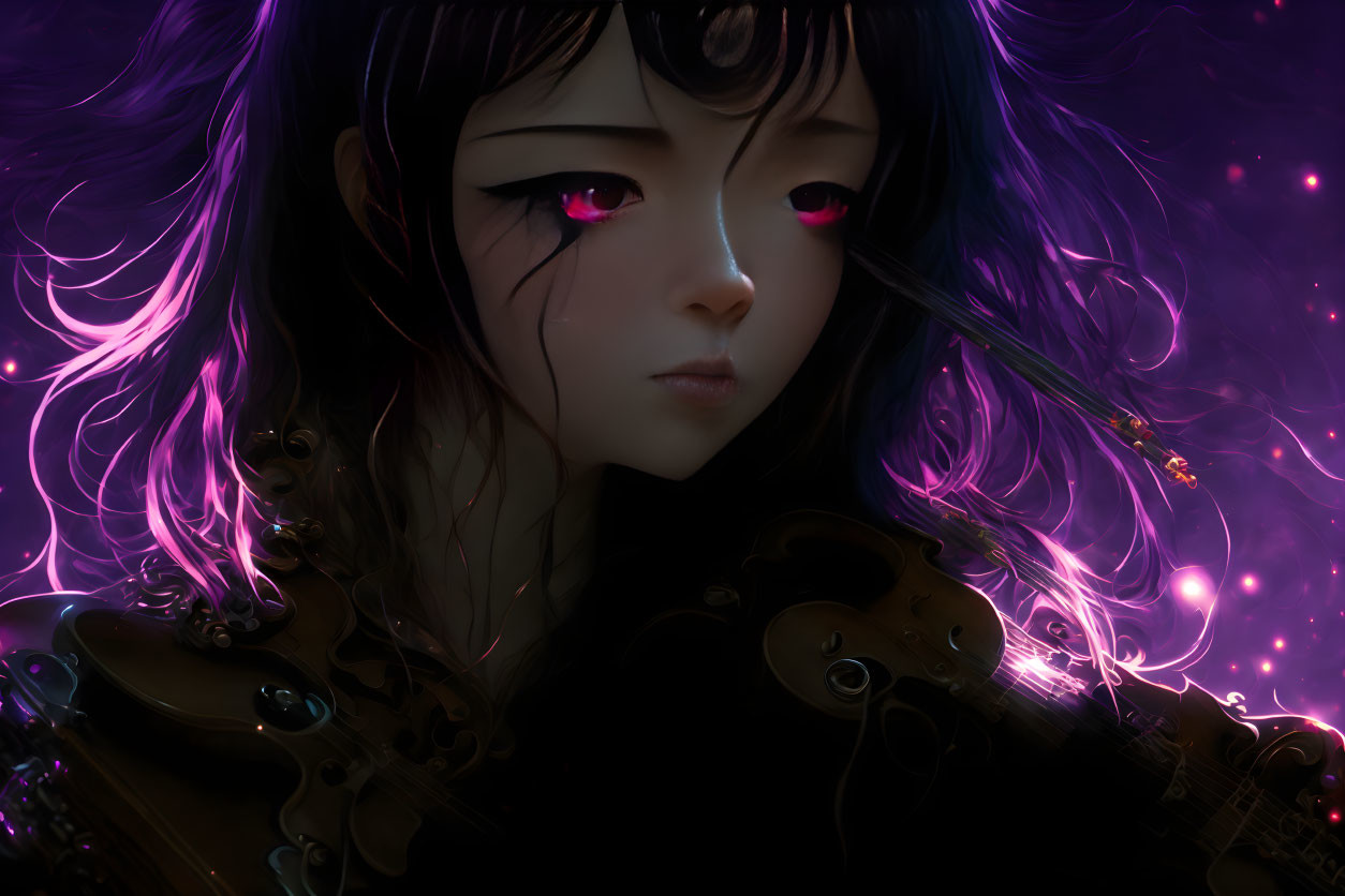 Illustration of girl with glowing pink eyes and purple highlights in dark, swirling hues.