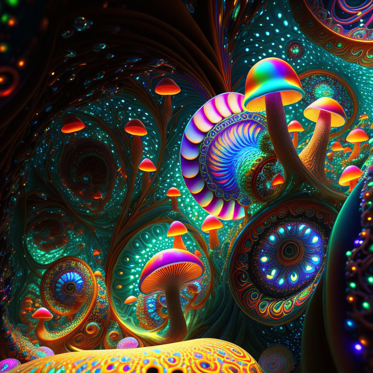Colorful fractal art with psychedelic mushroom shapes and intricate spirals