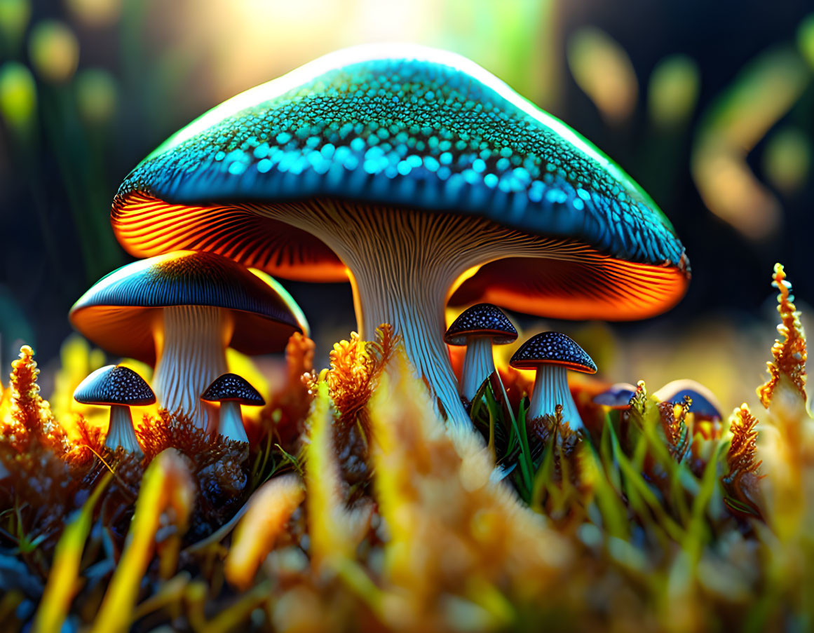 Blue Glowing Mushrooms and Amber Plants in Mystical Forest at Twilight