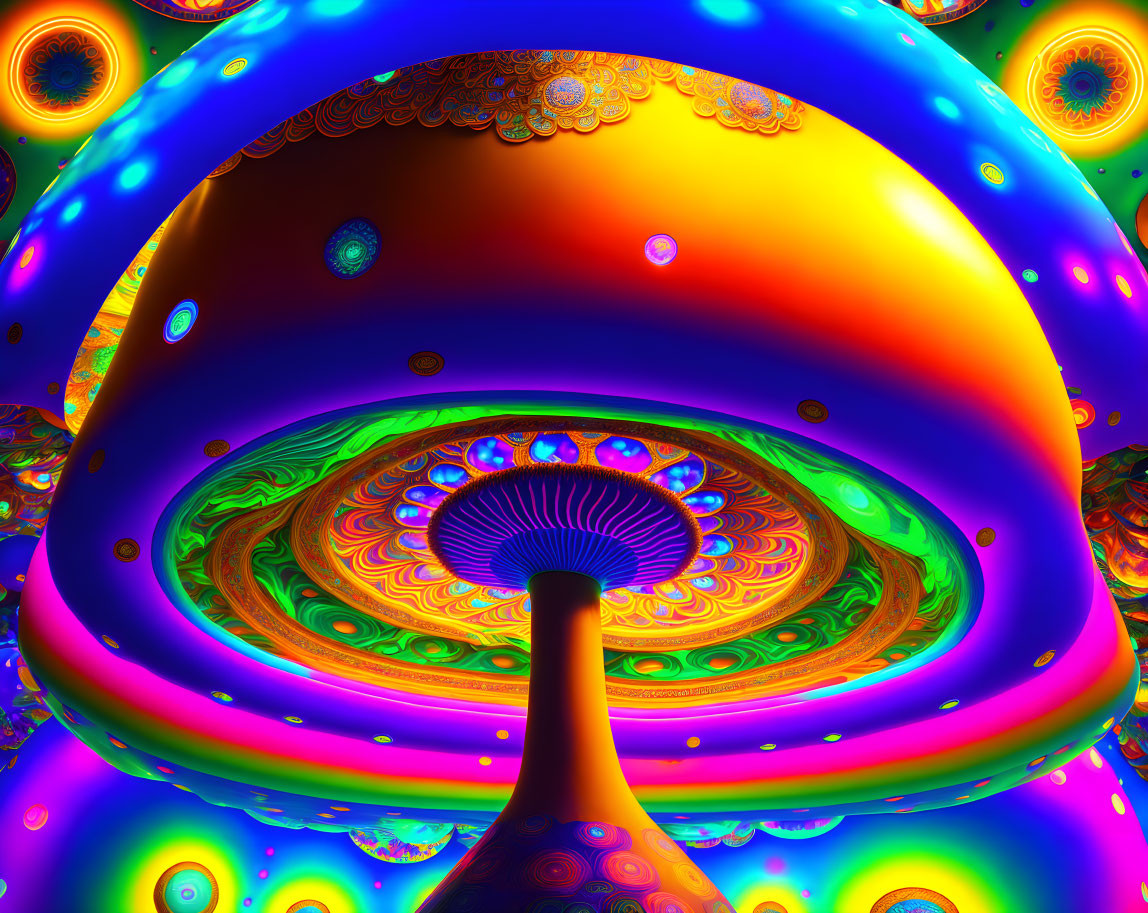 Colorful Fractal Image: Mushroom Shape, Bright Hues & Glowing Orbs