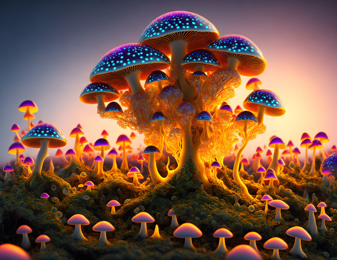 Colorful Neon Mushrooms in Glowing Forest at Sunset
