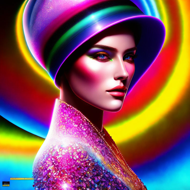 Colorful digital artwork: Woman in vibrant hat and pink outfit on rainbow backdrop