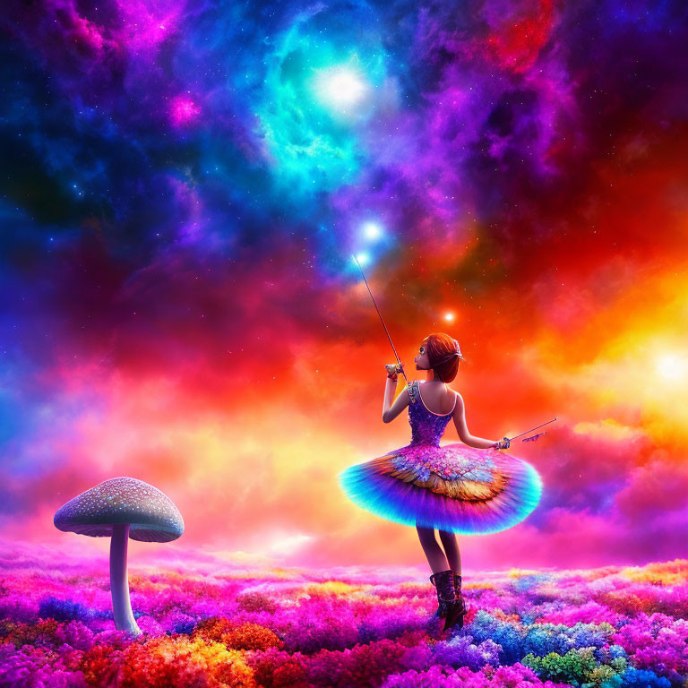 Child in tutu with wand surrounded by colorful flowers under neon galaxy sky & giant mushroom