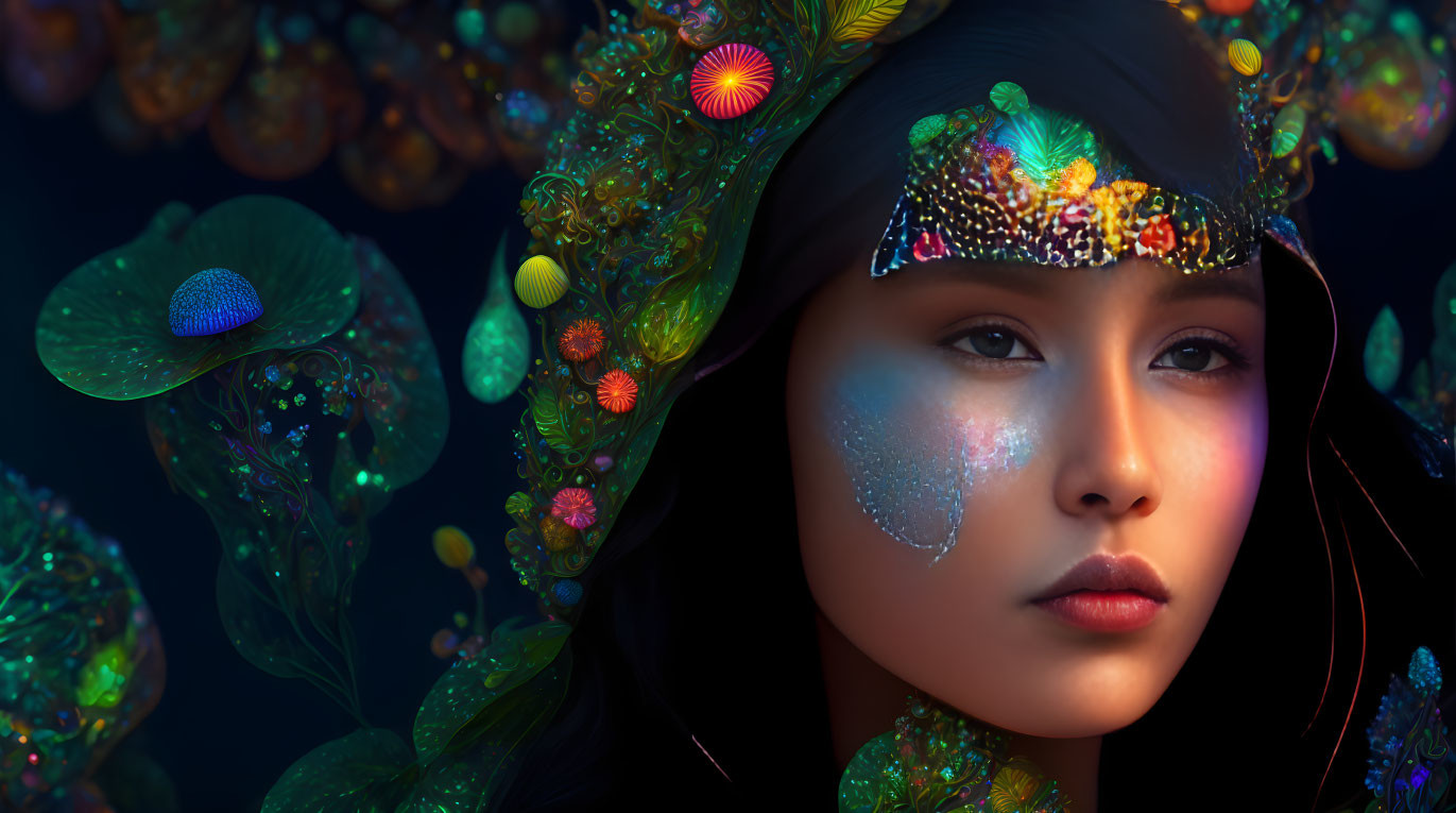 Colorful Flora Adorned Woman Surrounded by Luminescent Plants