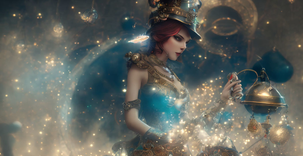 Steampunk-themed fantasy illustration of woman with top hat and intricate device amid ethereal lights.