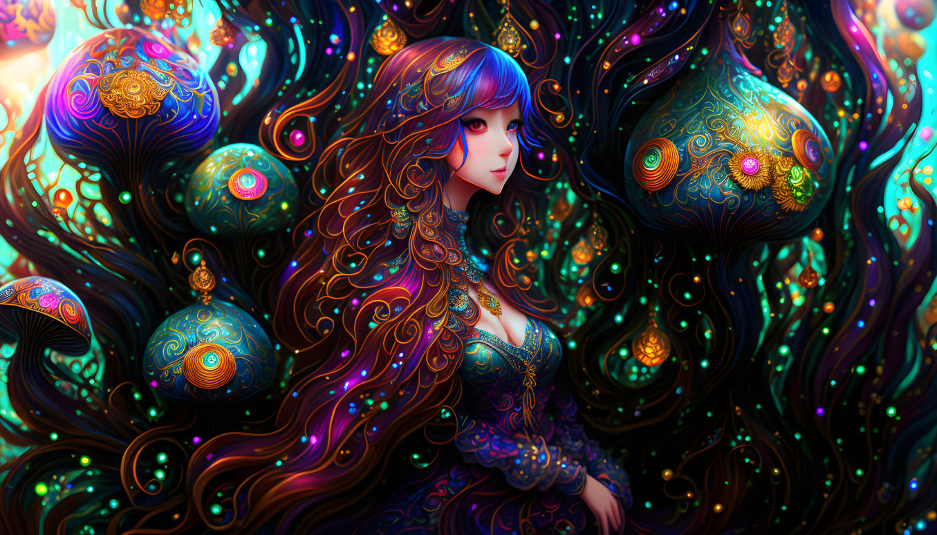 Vibrant digital artwork: Woman with flowing hair in iridescent patterns