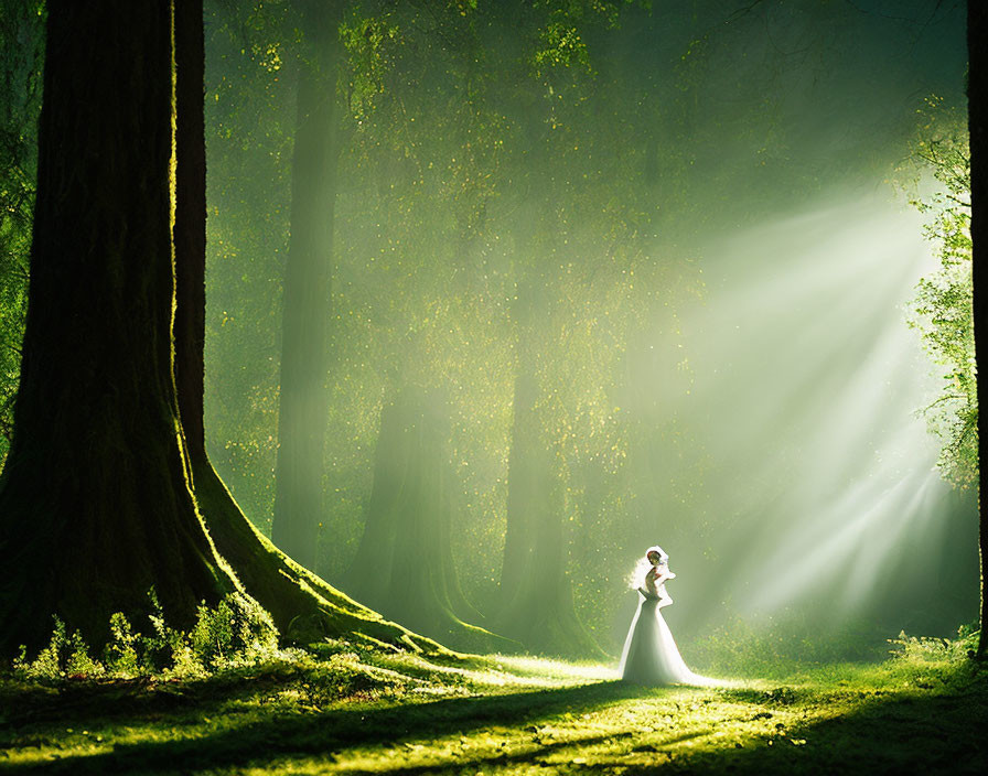 Person in white dress in sunlit forest setting
