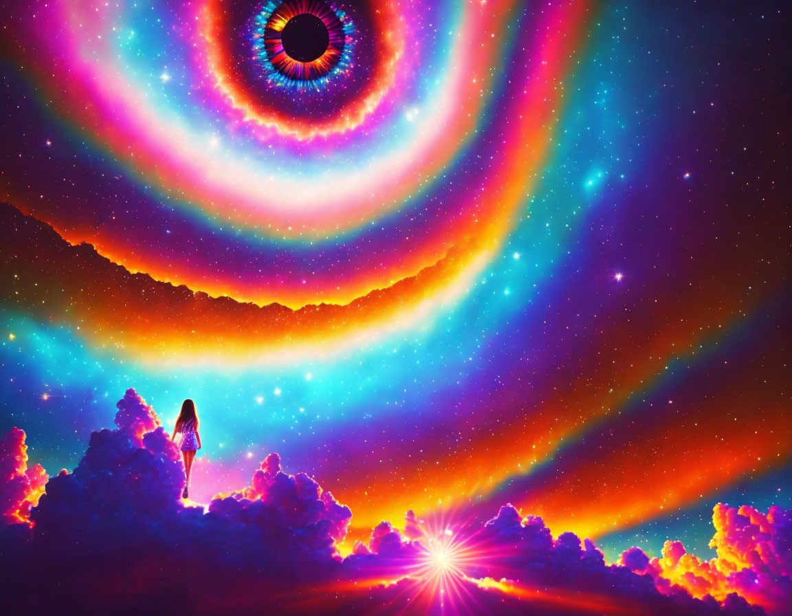 Person standing on clouds in cosmic backdrop with spiral galaxy and radiant light source