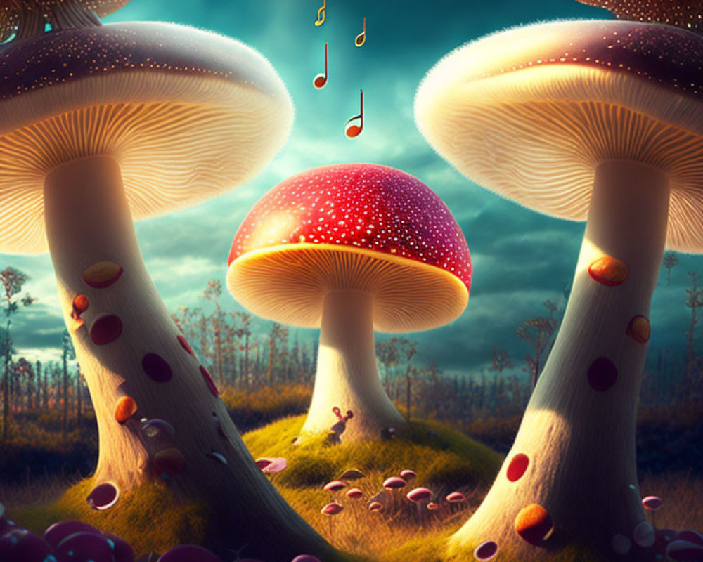 Colorful Mushrooms and Creatures in Enchanted Forest Scene