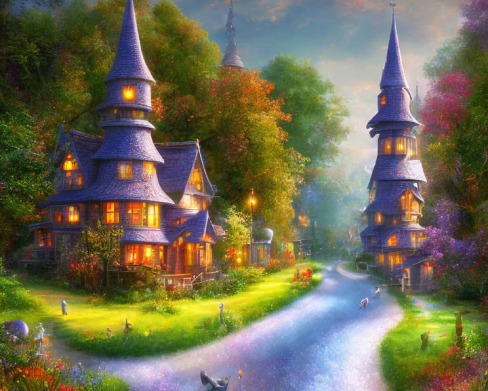 Enchanting fairytale-like twilight scene with magical houses and lush gardens