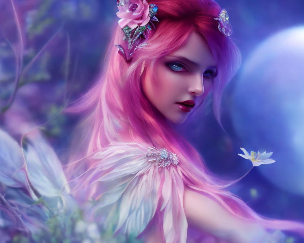 Woman with Pink Hair and Flower Adornments in Mystical Moonlit Floral Setting