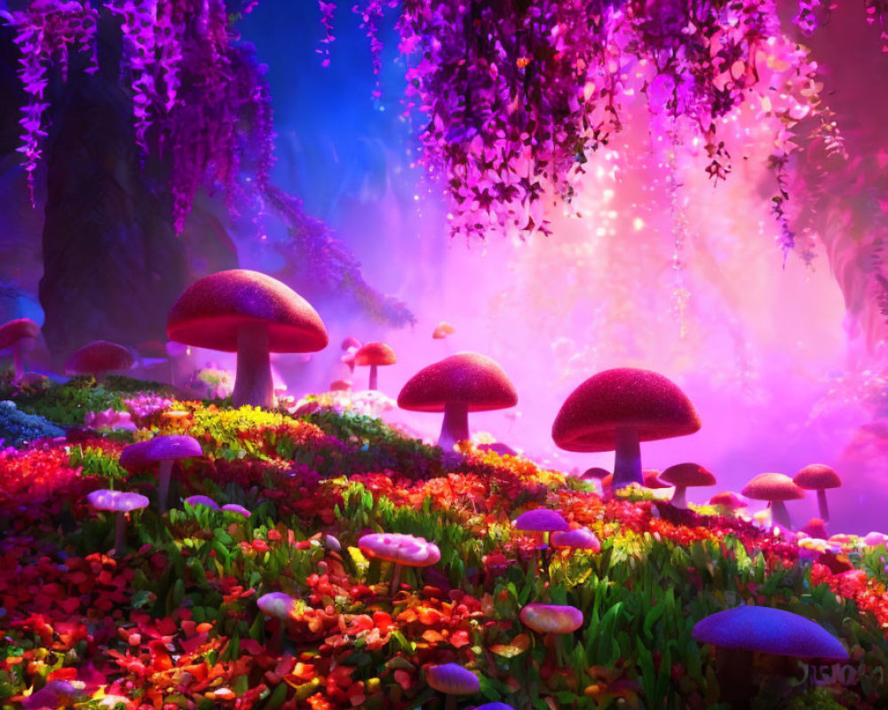 Colorful Fantasy Landscape with Red-Capped Mushrooms in Vibrant Forest