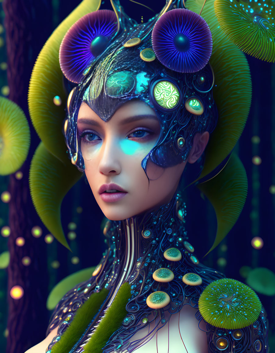 Female Figure with Blue Glowing Eyes and Futuristic Suit Portrait