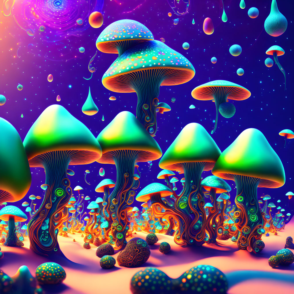 Colorful Psychedelic Mushrooms in Fantasy Landscape