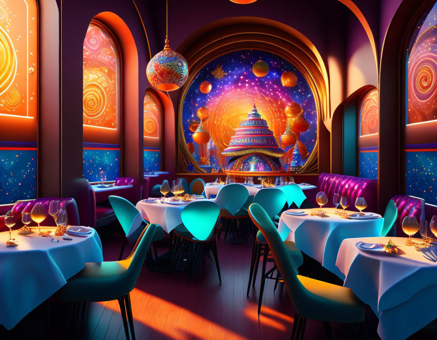 Futuristic-themed restaurant with dome architecture and cosmic murals