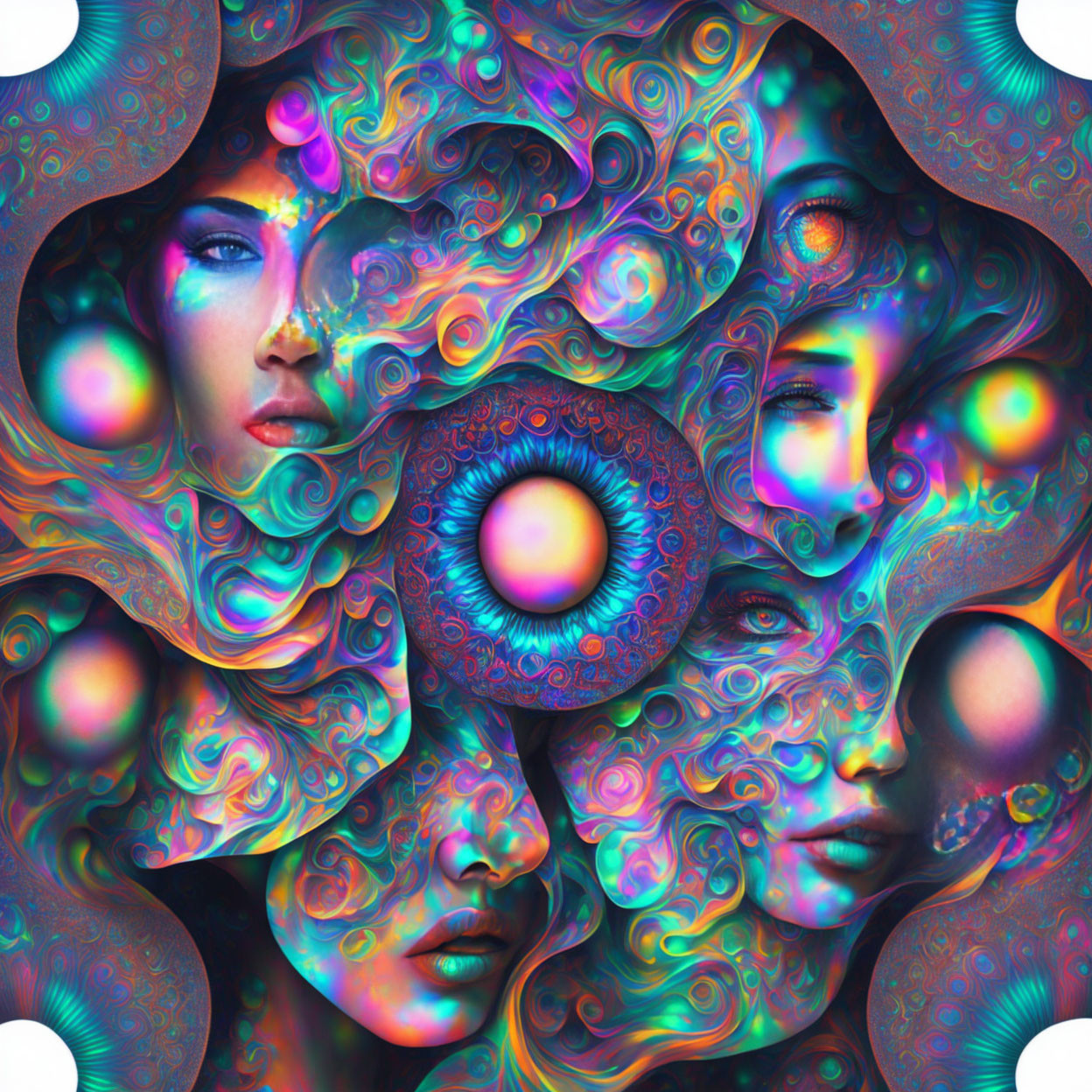 Abstract Psychedelic Digital Artwork: Multiple Female Faces with Swirling Patterns and Central Eye