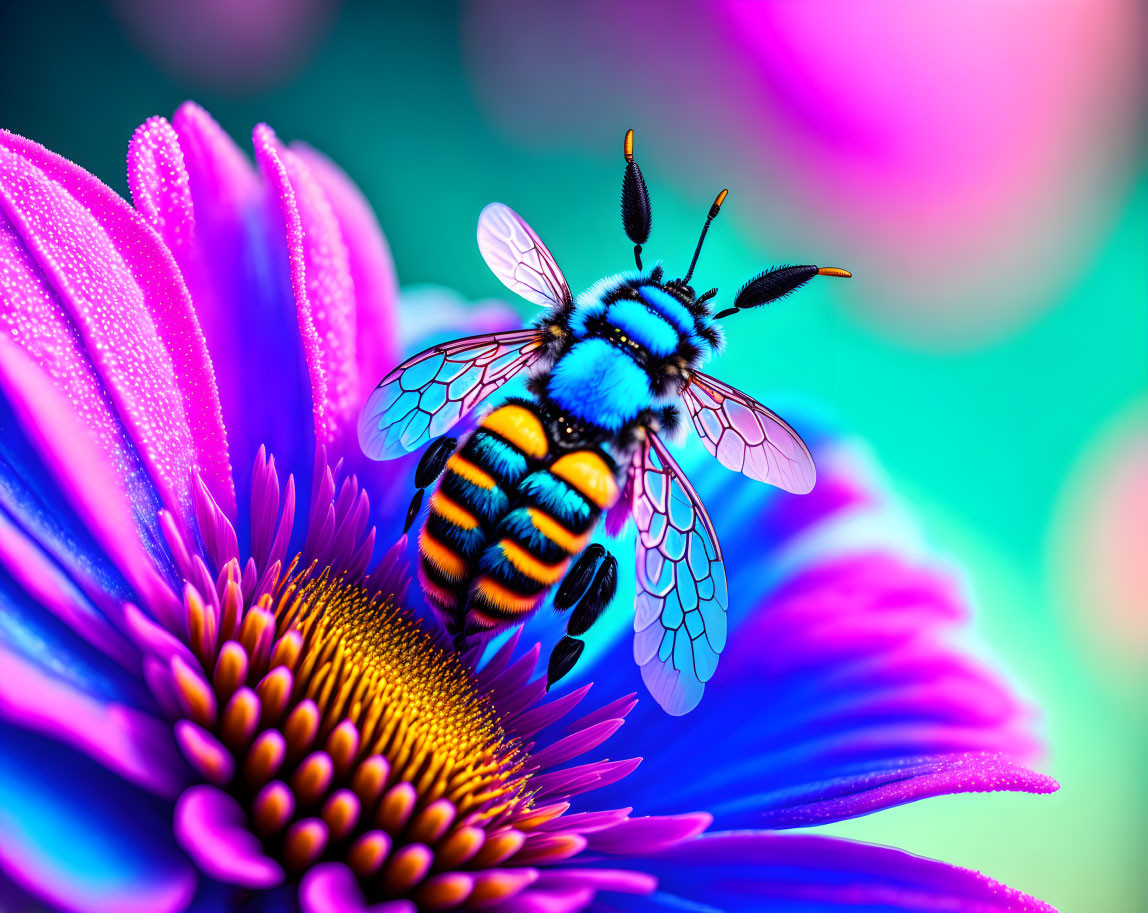 Colorful Bee Pollinating Purple Flower on Teal and Pink Background