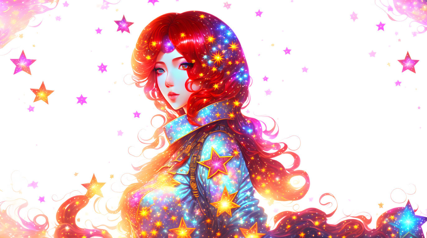 Colorful Cosmic Theme Illustration of Woman with Red Hair