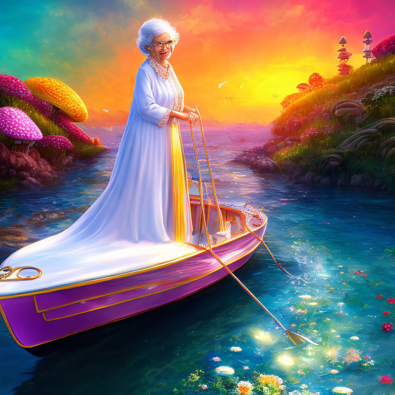 Elderly woman in white gown on colorful boat in fantasy landscape