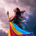 Galaxy-inspired woman in vibrant gown against stormy sky