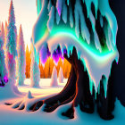 Surreal neon-colored trees in snowy forest landscape