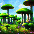 Lush Fantasy Forest with Giant Green Mushrooms