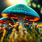 Blue Glowing Mushrooms and Amber Plants in Mystical Forest at Twilight