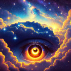 Cosmic eye with orange iris and celestial background