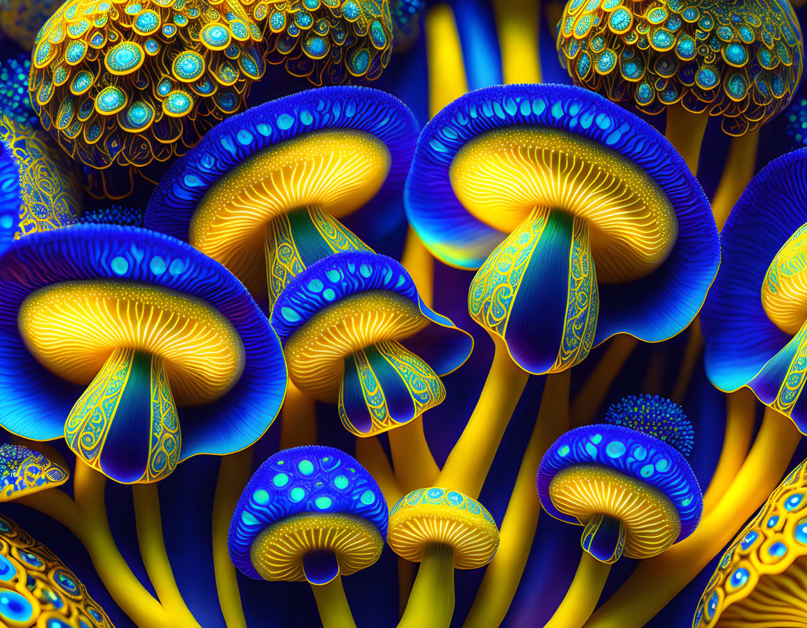 Colorful stylized mushrooms with blue and gold patterns in digital art