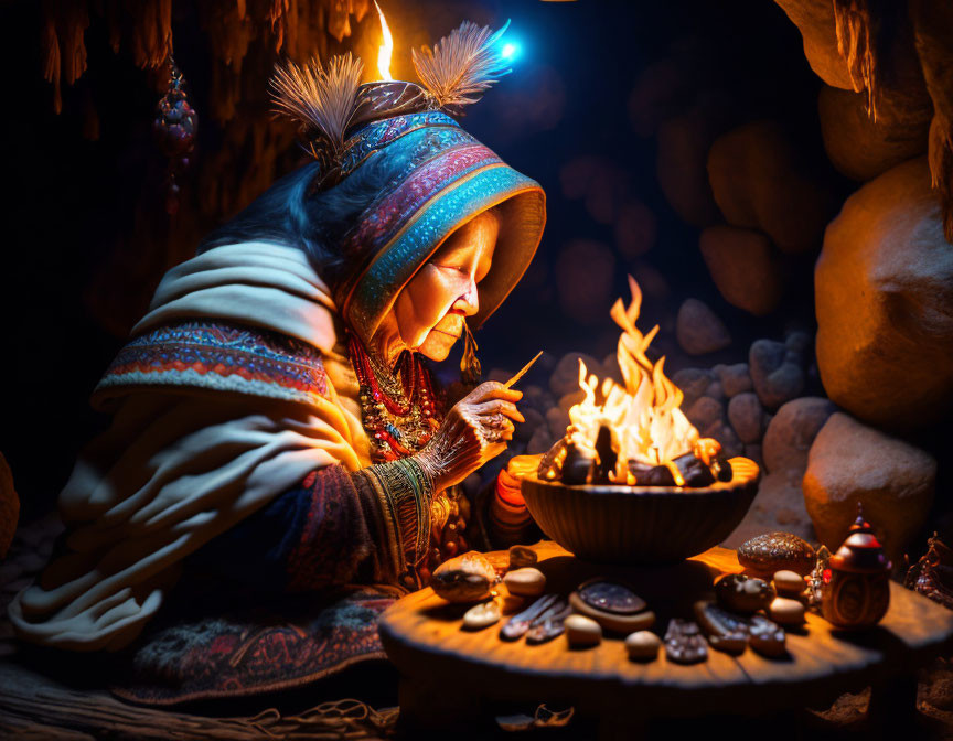 Person in traditional attire lighting item by fire with indigenous artifacts