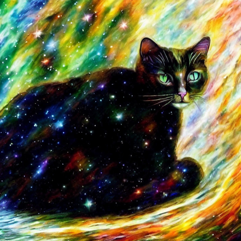 Colorful Cat Artwork with Cosmic Galaxy Motif and Starry Details