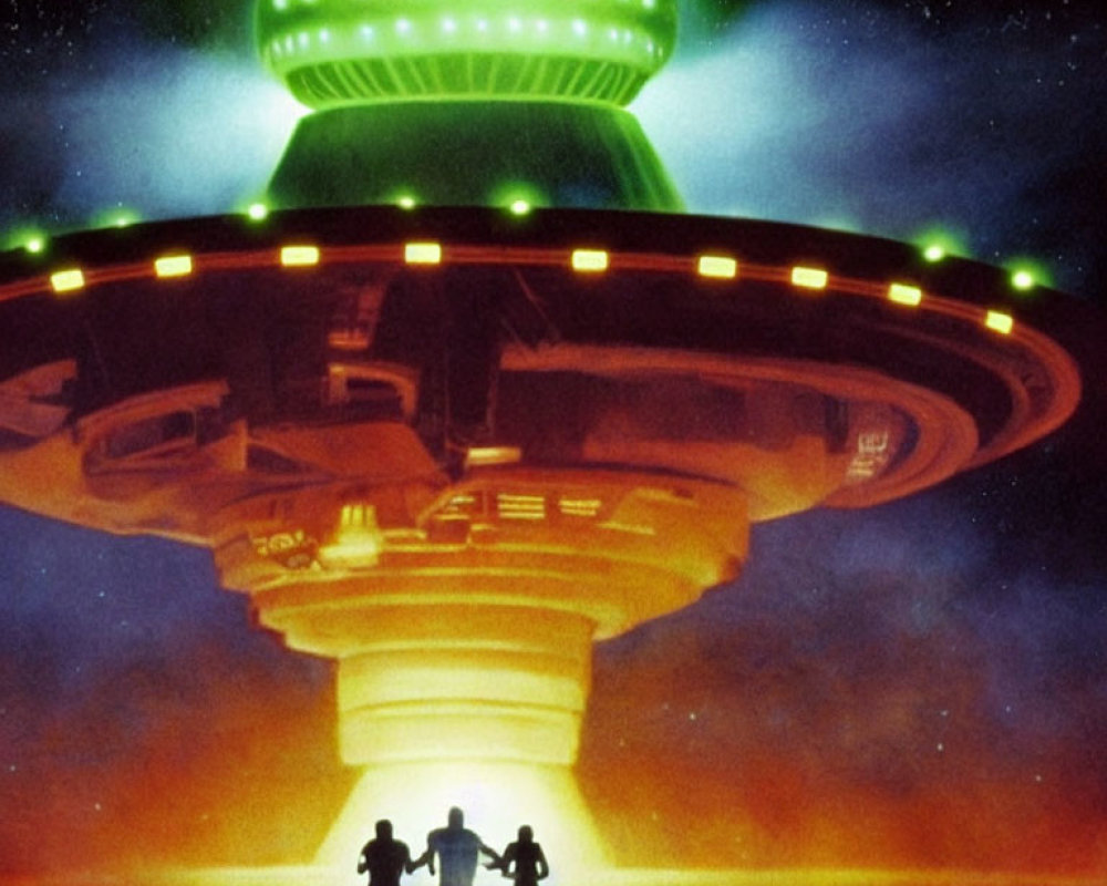 Brightly Lit UFO with Green and Orange Lights Hovering Above Silhouetted Figures