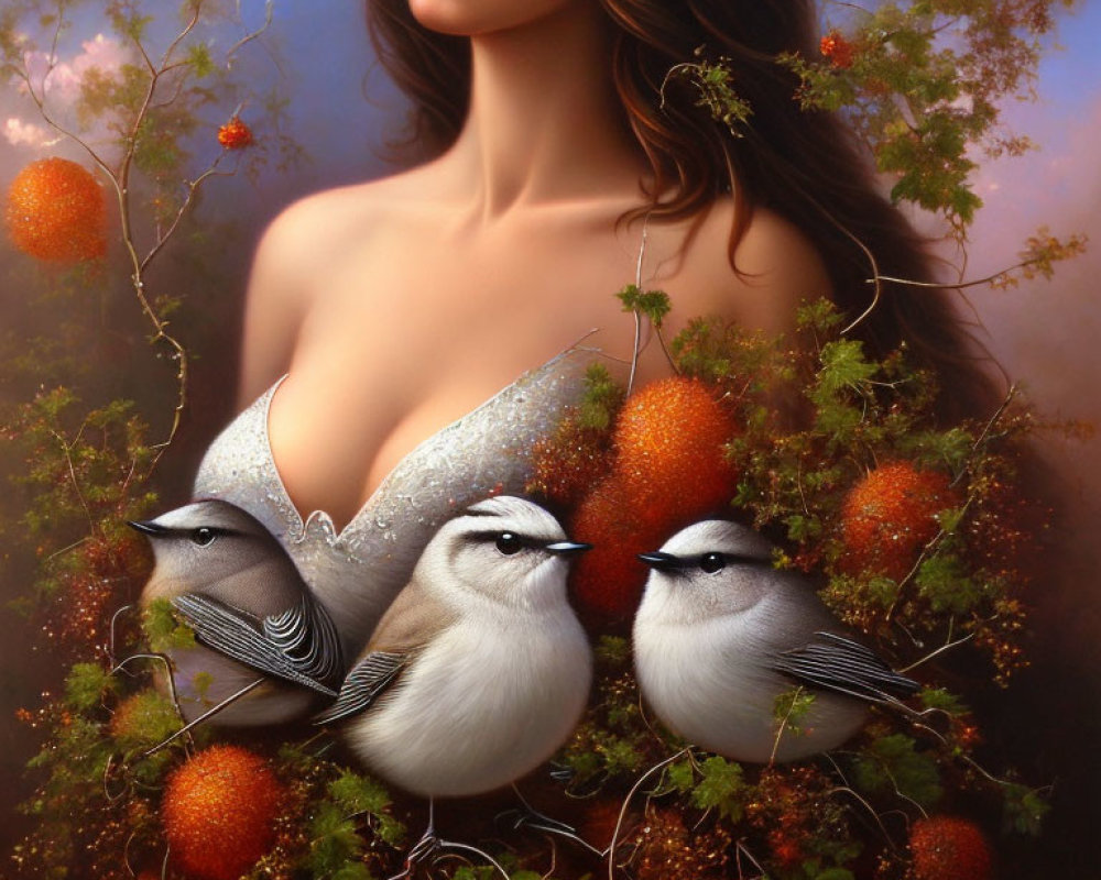 Woman in Greenery with Birds and Berries - Artistic Representation