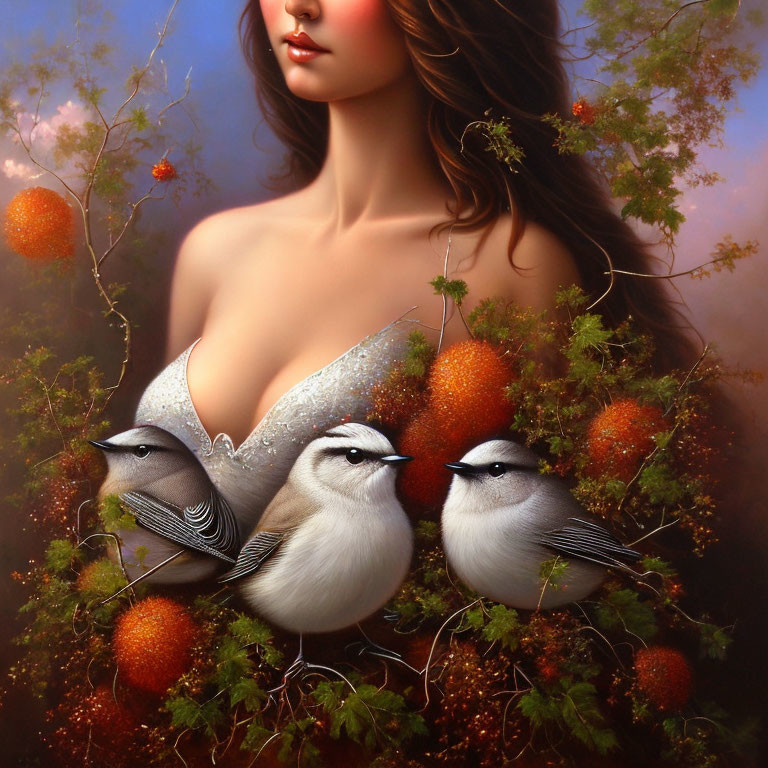 Woman in Greenery with Birds and Berries - Artistic Representation