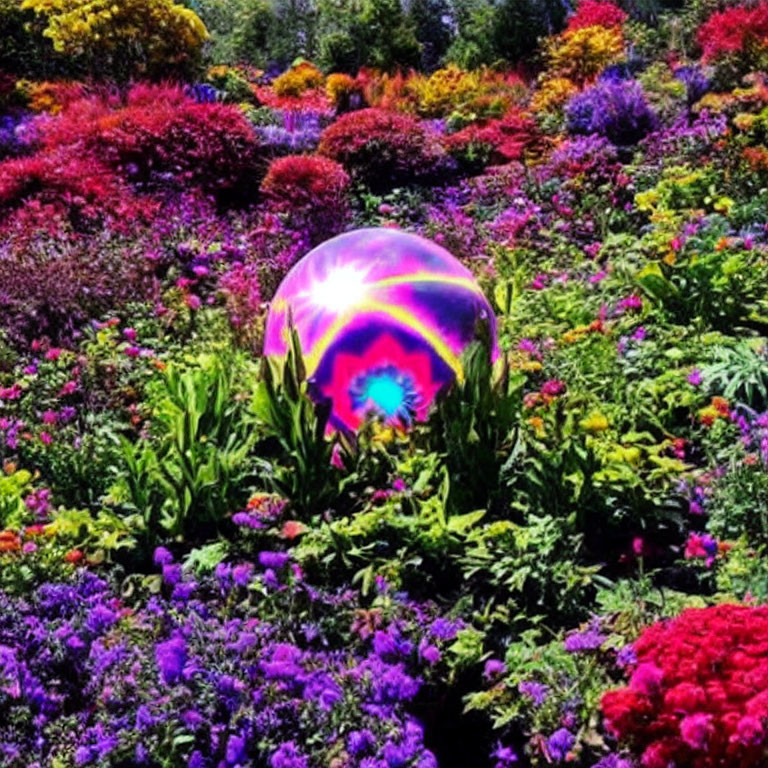 Colorful iridescent bubble in vibrant garden with purple, red, and green flowers