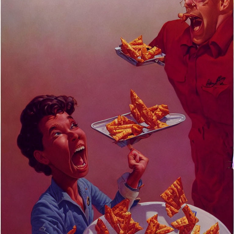 Illustration of man and woman enjoying pizza in vintage style