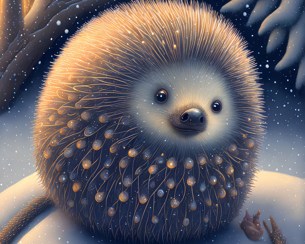 Illustration of a hedgehog with sparkling spines in falling snowflakes