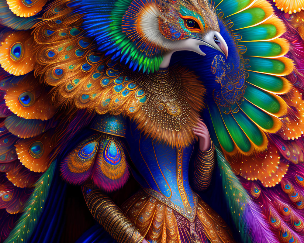 Colorful peacock-themed figure illustration with intricate patterns