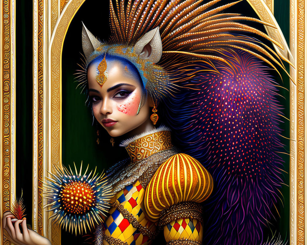 Colorful Stylized Portrait of Person with Cat-Like Features and Peacock Feather Accents