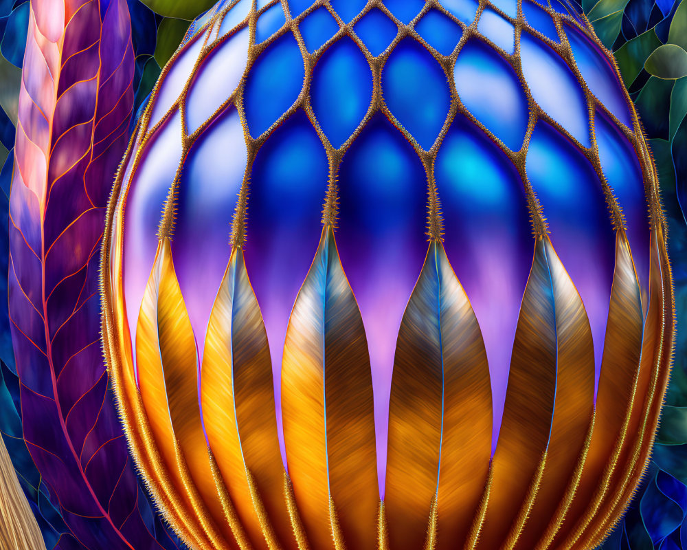 Colorful digital artwork with central spherical shape and abstract forms in blue, gold, and purple.